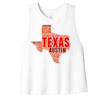 Texas State Word Map Women's Racerback Cropped Tank