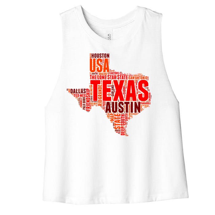 Texas State Word Map Women's Racerback Cropped Tank