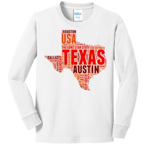 Texas State Word Map Kids Long Sleeve Shirt