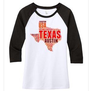 Texas State Word Map Women's Tri-Blend 3/4-Sleeve Raglan Shirt