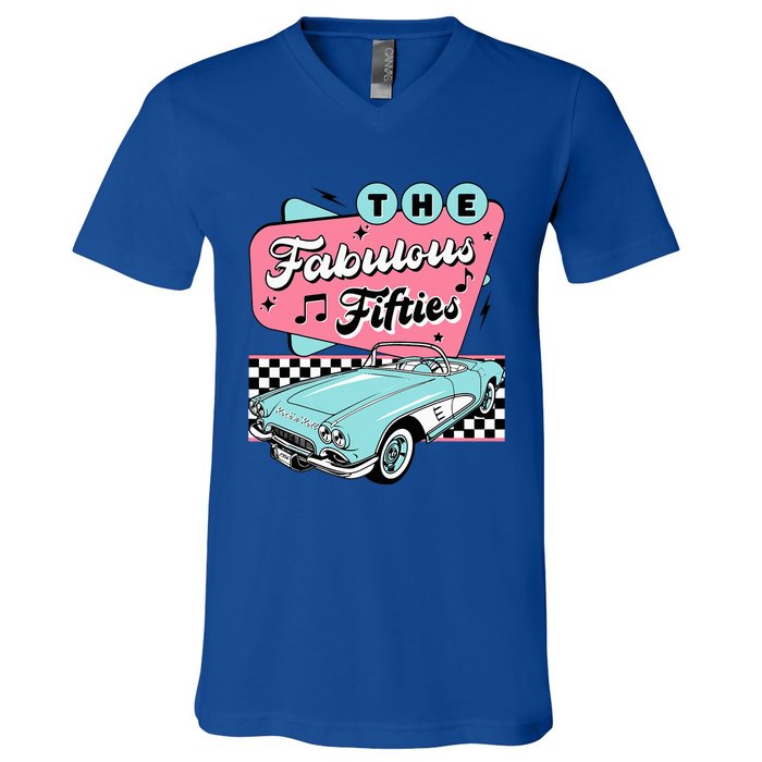 The Fifties 1950s Car Music Checkerboard Rockabilly Sock Hop V-Neck T-Shirt