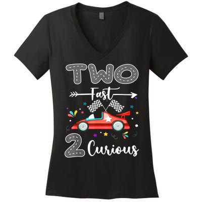 Two Fast 2 Curious Racing 2nd Birthday Gifts Boy Girl Women's V-Neck T-Shirt