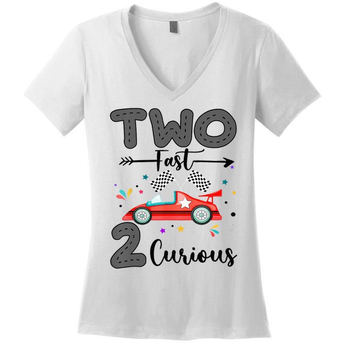 Two Fast 2 Curious Racing 2nd Birthday gift Women's V-Neck T-Shirt