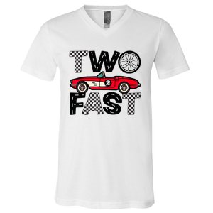 Two Fast 2 Curious Birthday 2 Years Old Pit Crew Bday Gifts V-Neck T-Shirt