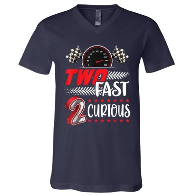 Two Fast 2 Curious Racing 2nd Birthday Two Fast Birthday V-Neck T-Shirt