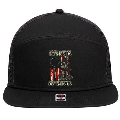 The First Amendment Defines Us American Flag 7 Panel Mesh Trucker Snapback Hat