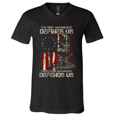 The First Amendment Defines Us American Flag V-Neck T-Shirt