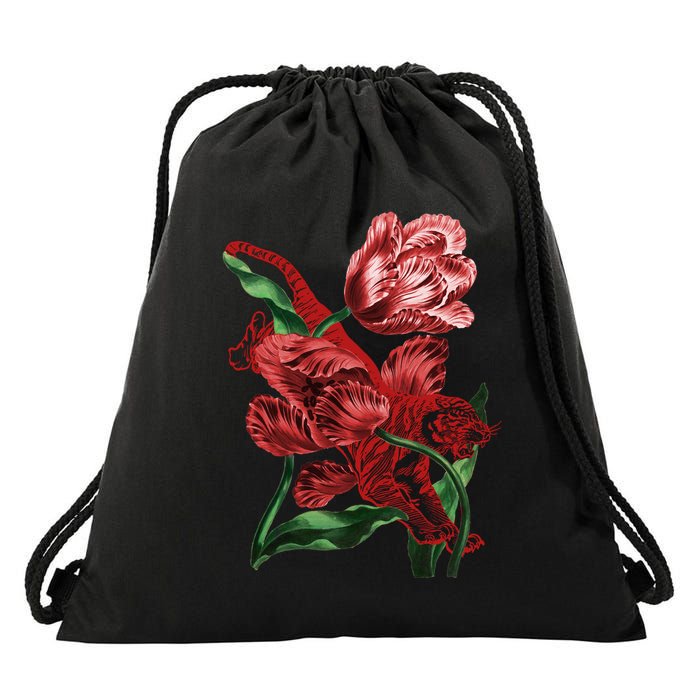 Tiger Flower Art Drawstring Bag