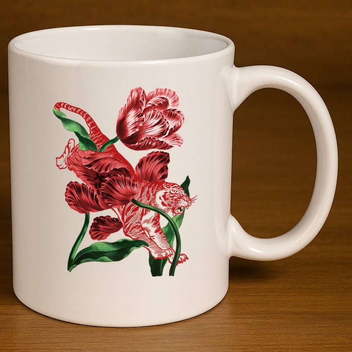 Tiger Flower Art 11oz C Handle Ceramic Mug