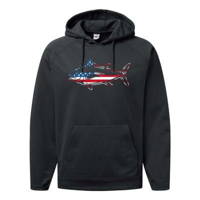 Tuna Fishing American Flag Giant Bluefin Fish Fisherman Performance Fleece Hoodie