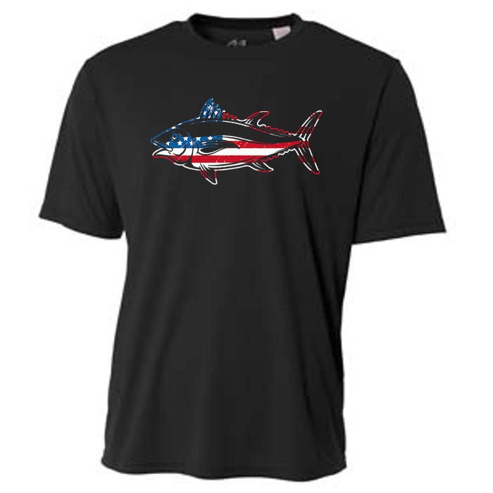 Tuna Fishing American Flag Giant Bluefin Fish Fisherman Cooling Performance Crew T-Shirt