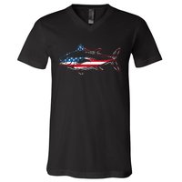 Tuna Fishing American Flag Giant Bluefin Fish Fisherman V-Neck T-Shirt