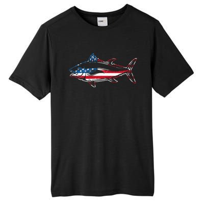 Tuna Fishing American Flag Giant Bluefin Fish Fisherman Tall Fusion ChromaSoft Performance T-Shirt