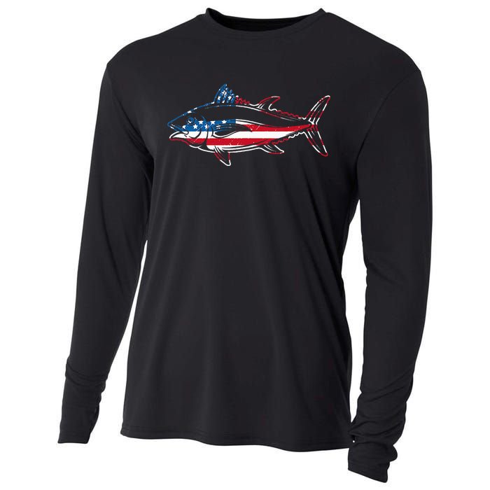 Tuna Fishing American Flag Giant Bluefin Fish Fisherman Cooling Performance Long Sleeve Crew