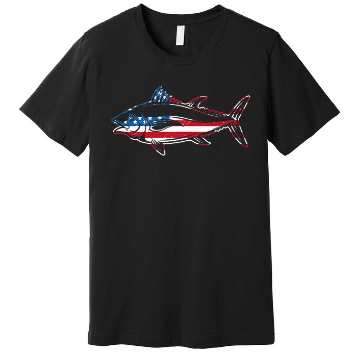 Tuna Fishing American Flag Giant Bluefin Fish Fisherman Premium T-Shirt