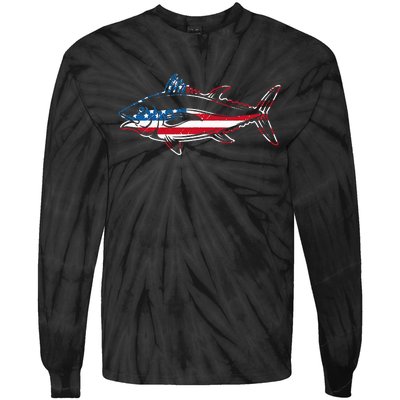 Tuna Fishing American Flag Giant Bluefin Fish Fisherman Tie-Dye Long Sleeve Shirt