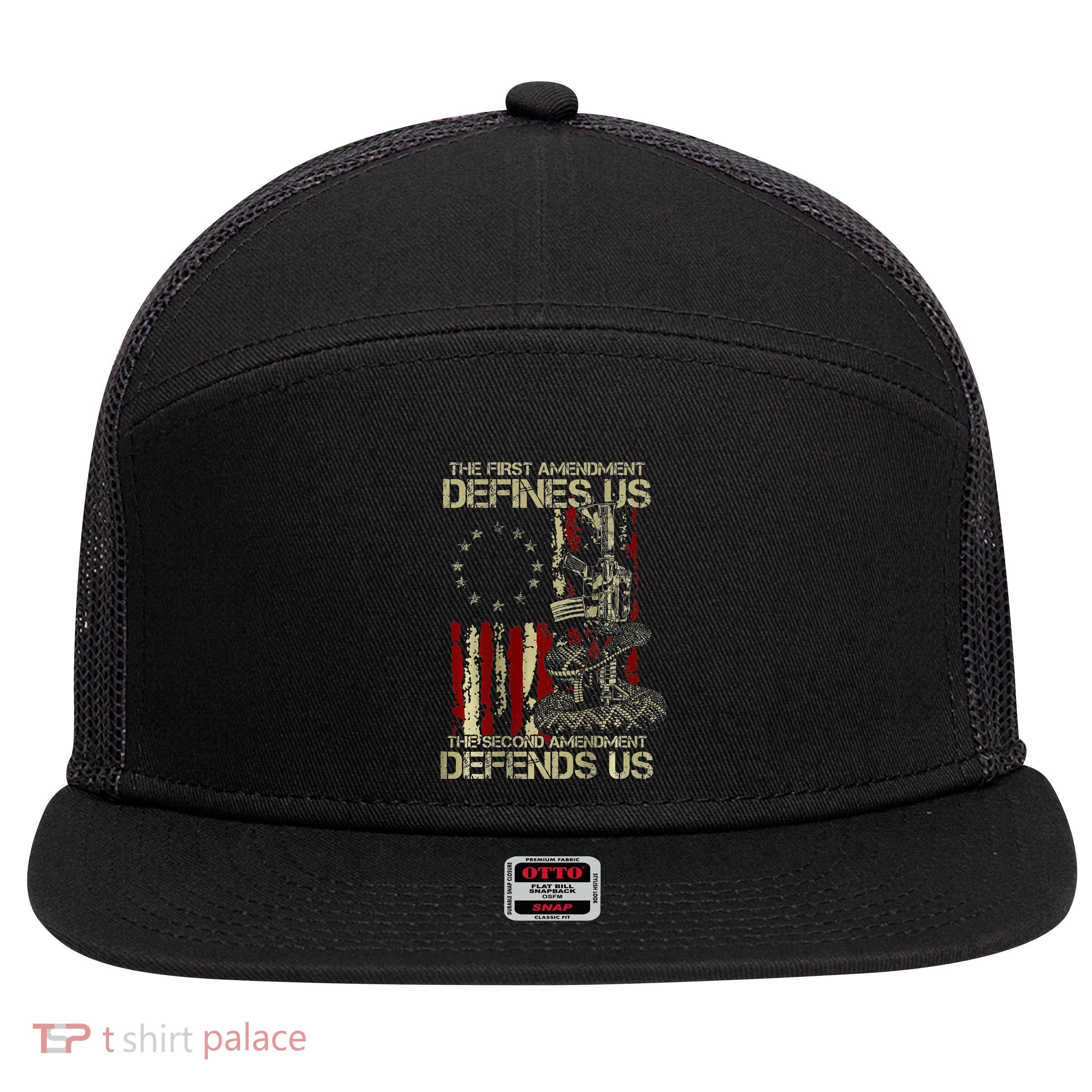 The First Amendment Defines Us American Flag 7 Panel Mesh Trucker Snapback Hat