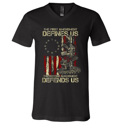 The First Amendment Defines Us American Flag V-Neck T-Shirt