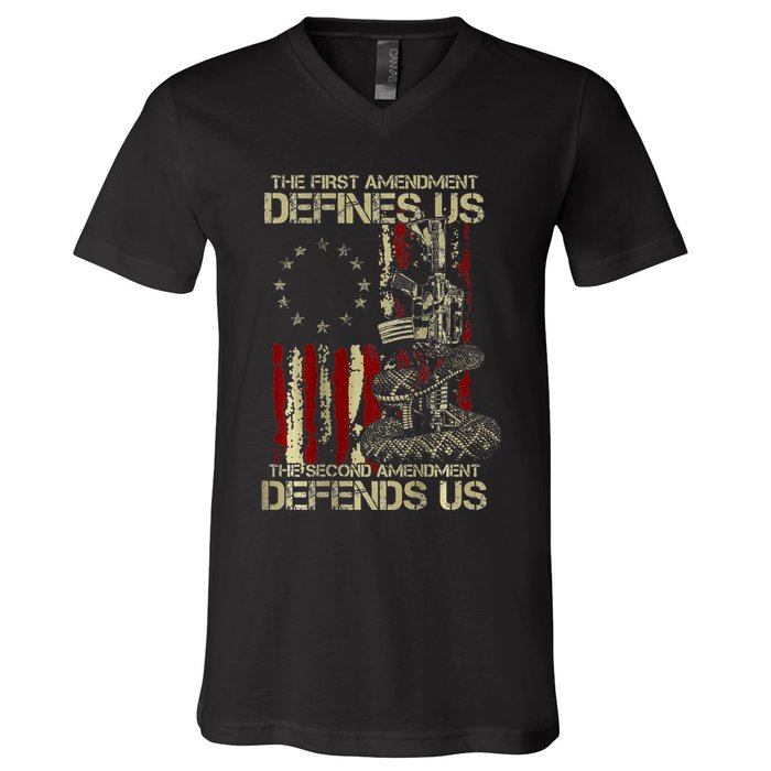 The First Amendment Defines Us American Flag V-Neck T-Shirt