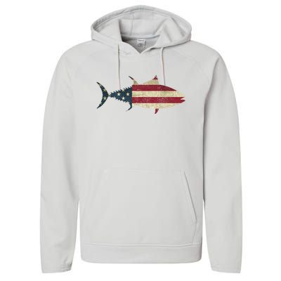 Tuna Fishing American Flag Vintage Patriotic Fisherman Gift Great Gift Performance Fleece Hoodie