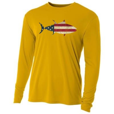 Tuna Fishing American Flag Vintage Patriotic Fisherman Gift Great Gift Cooling Performance Long Sleeve Crew