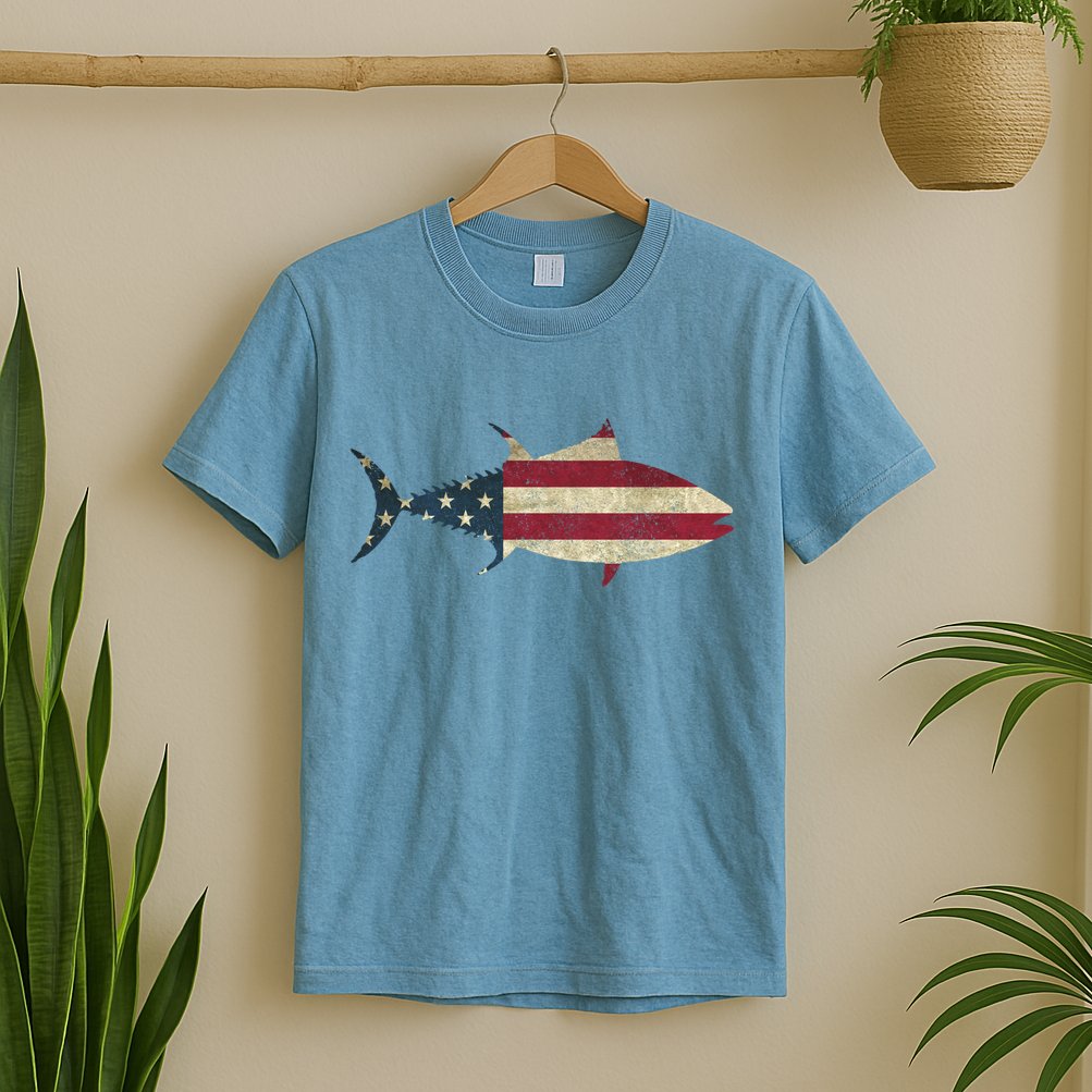 Tuna Fishing American Flag Vintage Patriotic Fisherman Gift Great Gift T-Shirt