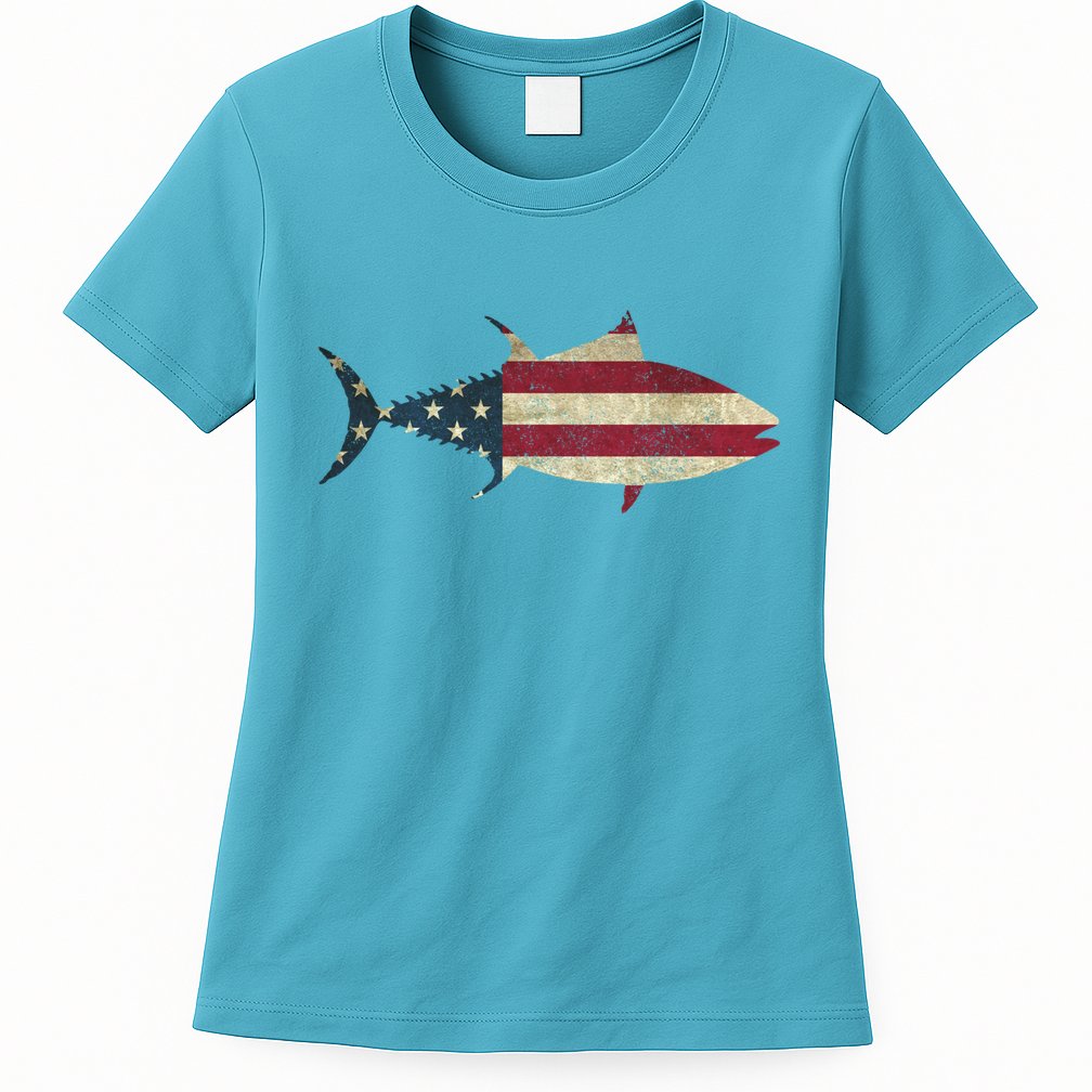 Tuna Fishing American Flag Vintage Patriotic Fisherman Gift Great Gift Womens T-Shirt