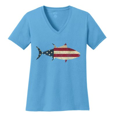Tuna Fishing American Flag Vintage Patriotic Fisherman Gift Great Gift Women's V-Neck T-Shirt