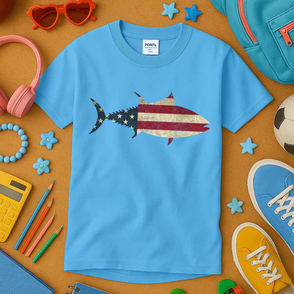 Tuna Fishing American Flag Vintage Patriotic Fisherman Gift Great Gift Kids T-Shirt