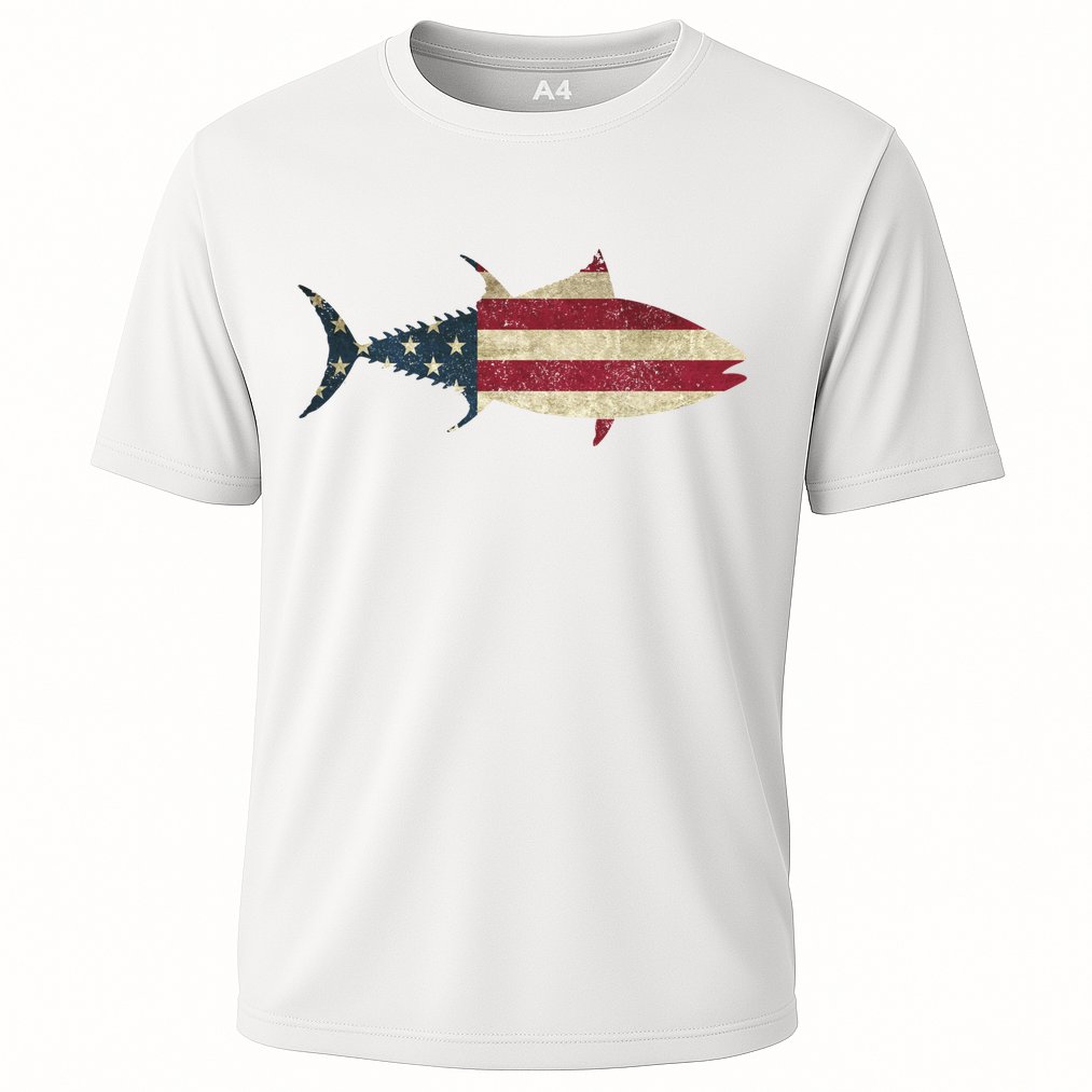 Tuna Fishing American Flag Vintage Patriotic Fisherman Gift Great Gift Cooling Performance Crew T-Shirt