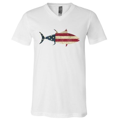 Tuna Fishing American Flag Vintage Patriotic Fisherman Gift Great Gift V-Neck T-Shirt