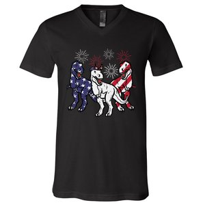 Trex Fireworks American Dino 4th Of July Boy V-Neck T-Shirt