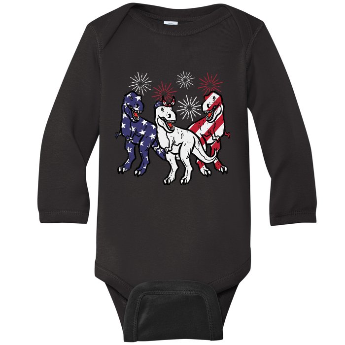 Trex Fireworks American Dino 4th Of July Boy Baby Long Sleeve Bodysuit