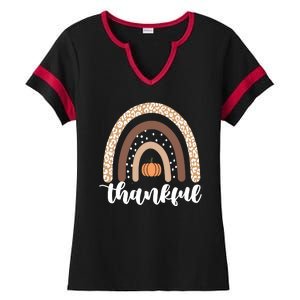 Thankful Fall Autumn Pumpkin Rainbow Ladies Halftime Notch Neck Tee