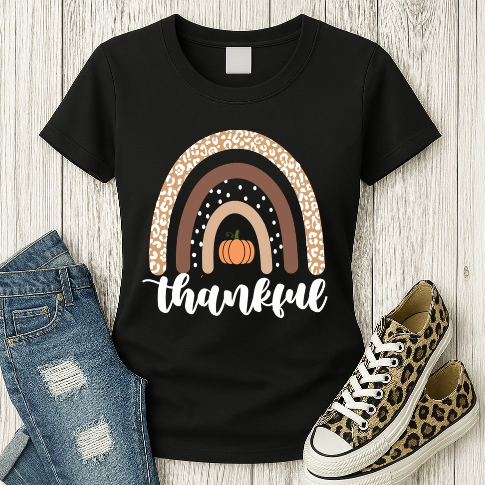 Thankful Fall Autumn Pumpkin Rainbow Womens T-Shirt