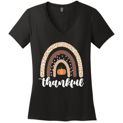 Thankful Fall Autumn Pumpkin Rainbow Women's V-Neck T-Shirt