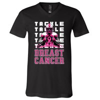 Tackle Football Breast Cancer Awareness Ribbon V-Neck T-Shirt