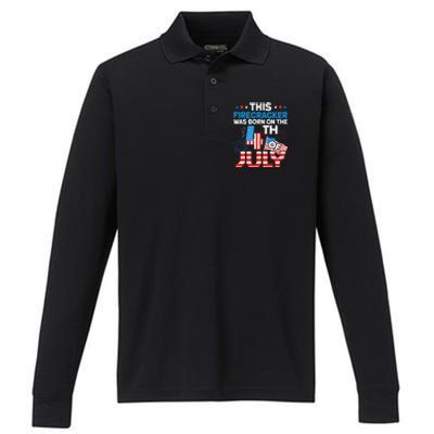 This Firecracker Born on 4th Of July Patriotic Birthday Performance Long Sleeve Polo