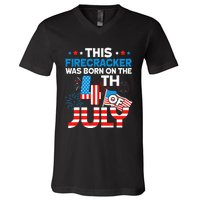 This Firecracker Born on 4th Of July Patriotic Birthday V-Neck T-Shirt