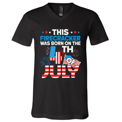 This Firecracker Born on 4th Of July Patriotic Birthday V-Neck T-Shirt