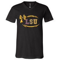 Tiger Football Bow Patterned Letter Logo V-Neck T-Shirt