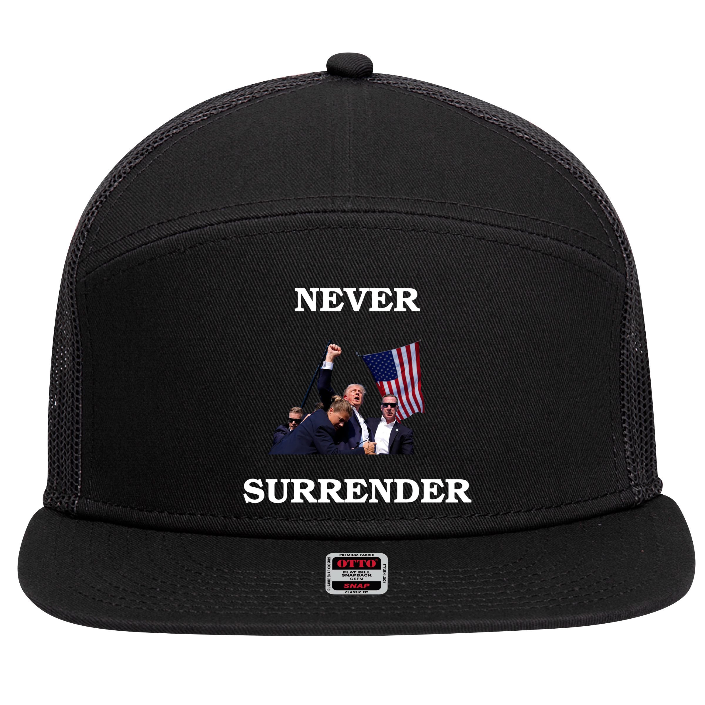 Trump Fist Bump In Air Never Surrender 2024 7 Panel Mesh Trucker Snapback Hat