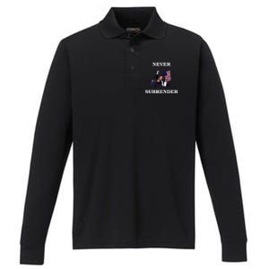 Trump Fist Bump In Air Never Surrender 2024 Performance Long Sleeve Polo