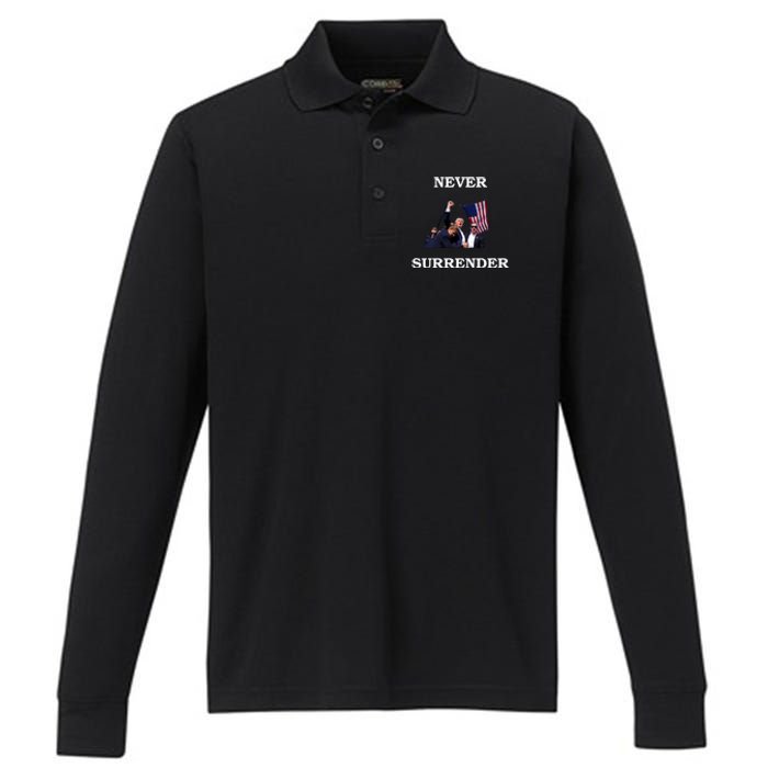 Trump Fist Bump In Air Never Surrender 2024 Performance Long Sleeve Polo