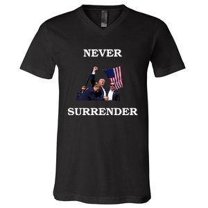 Trump Fist Bump In Air Never Surrender 2024 V-Neck T-Shirt