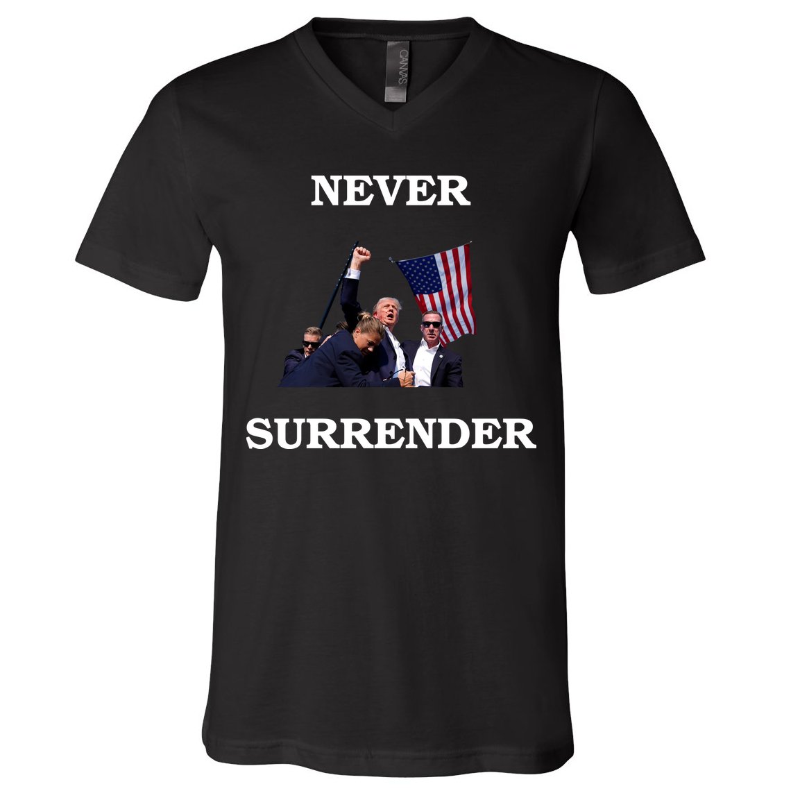 Trump Fist Bump In Air Never Surrender 2024 V-Neck T-Shirt