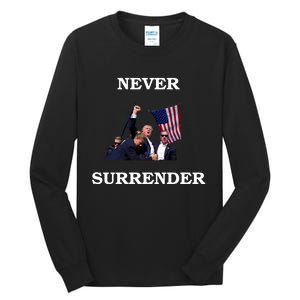 Trump Fist Bump In Air Never Surrender 2024 Tall Long Sleeve T-Shirt