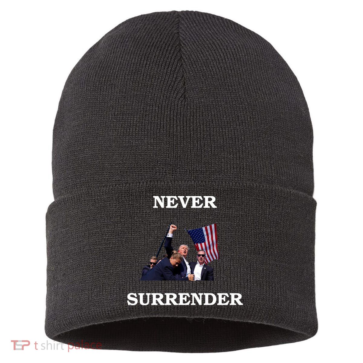 Trump Fist Bump In Air Never Surrender 2024 Sustainable Knit Beanie