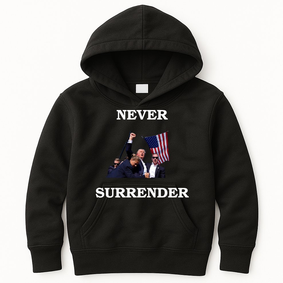 Trump Fist Bump In Air Never Surrender 2024 Kids Hoodie