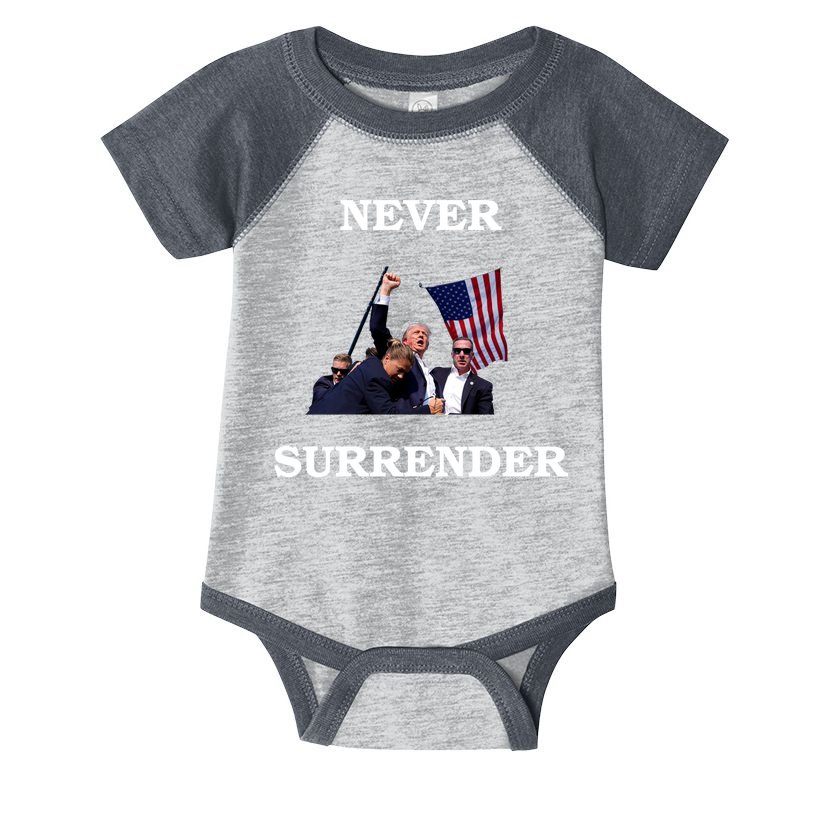 Trump Fist Bump In Air Never Surrender 2024 Infant Baby Jersey Bodysuit